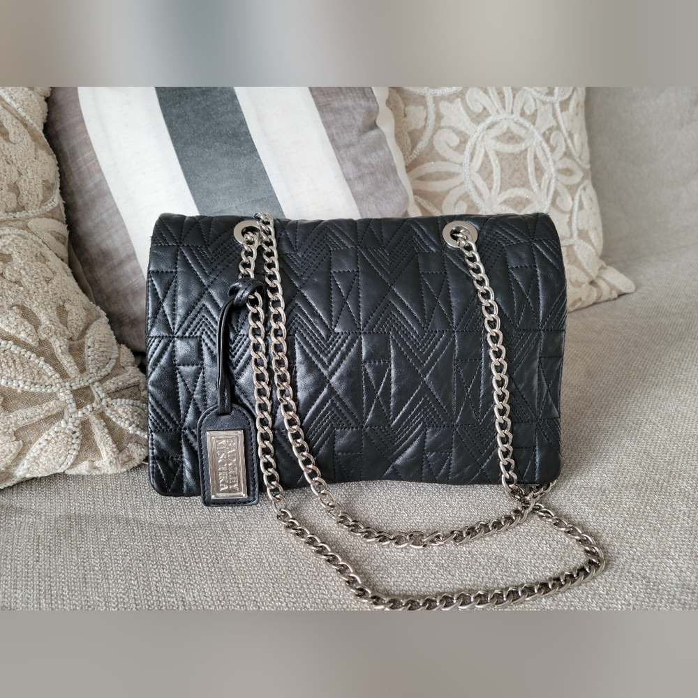 Badgley Mischka Black Quilted Lamb Leather Chain Shoulder Bag